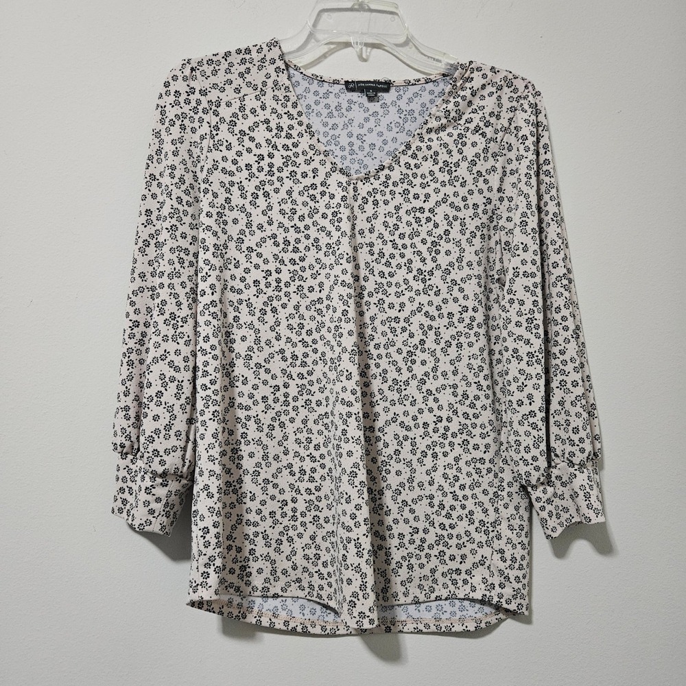 Adrianna Papell Womens V-Neck Ditsy Floral Puff Sleeve Blouse AD1S301039 Beige S